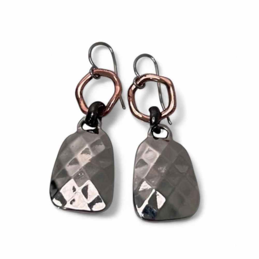 Hammered Silver Metal Dangle Earrings Bronze Accent